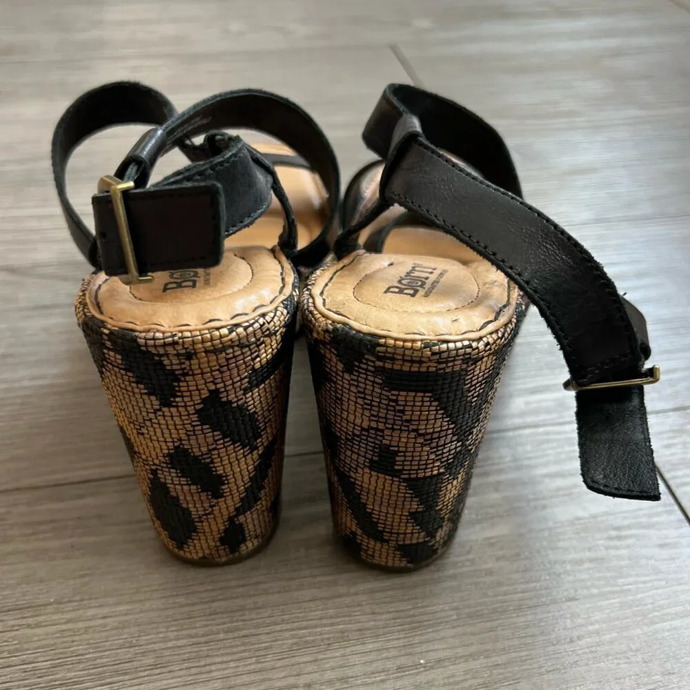 Born Sudo Wedge Sandals Black & Tan Leather Strappy Platform Boho Size W8